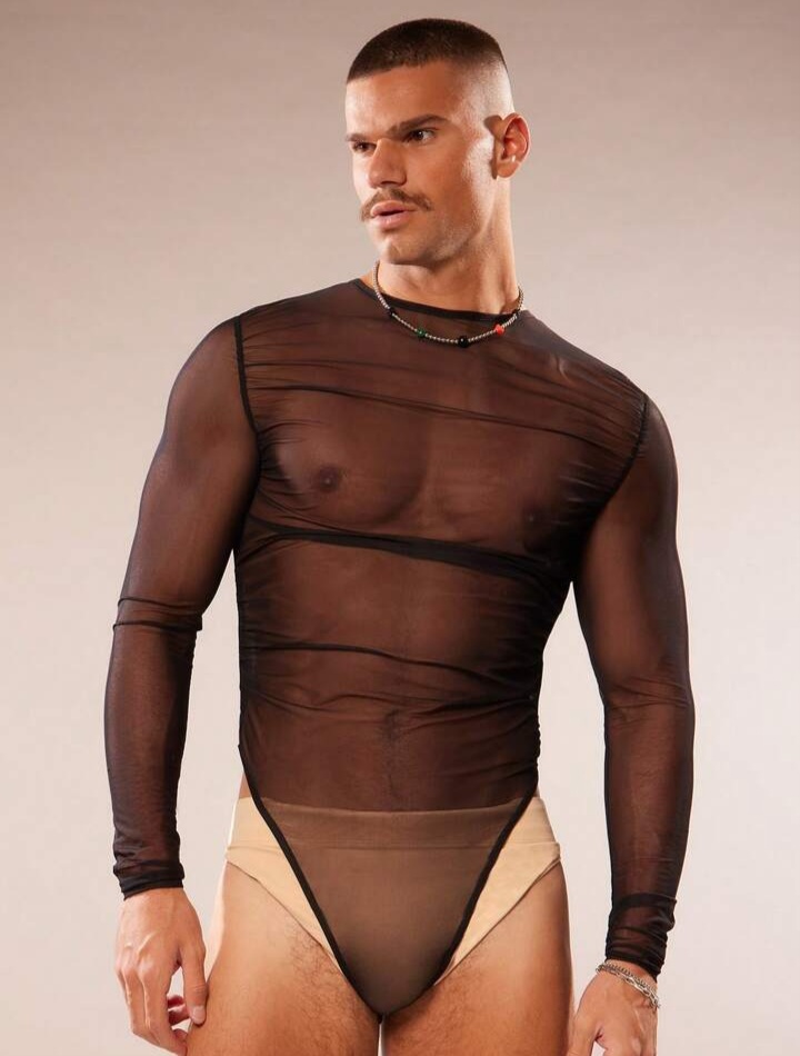 Men's Solid Color Mesh Round Neck Long Sleeve Jumpsuit See Through Top Men
